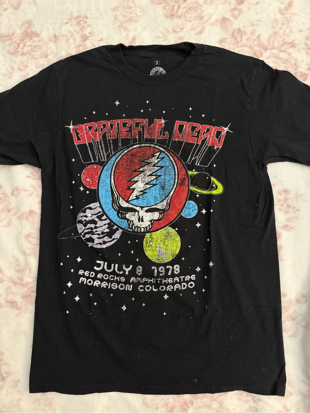 Ripple Junction Black Grateful Dead Space Skull Tee with Red and Blue Graphic